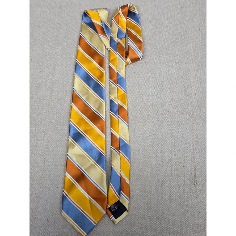 Paul‎ Fredrick Mens Silk Necktie Orange Blue Yellow Striped Handmade Tie